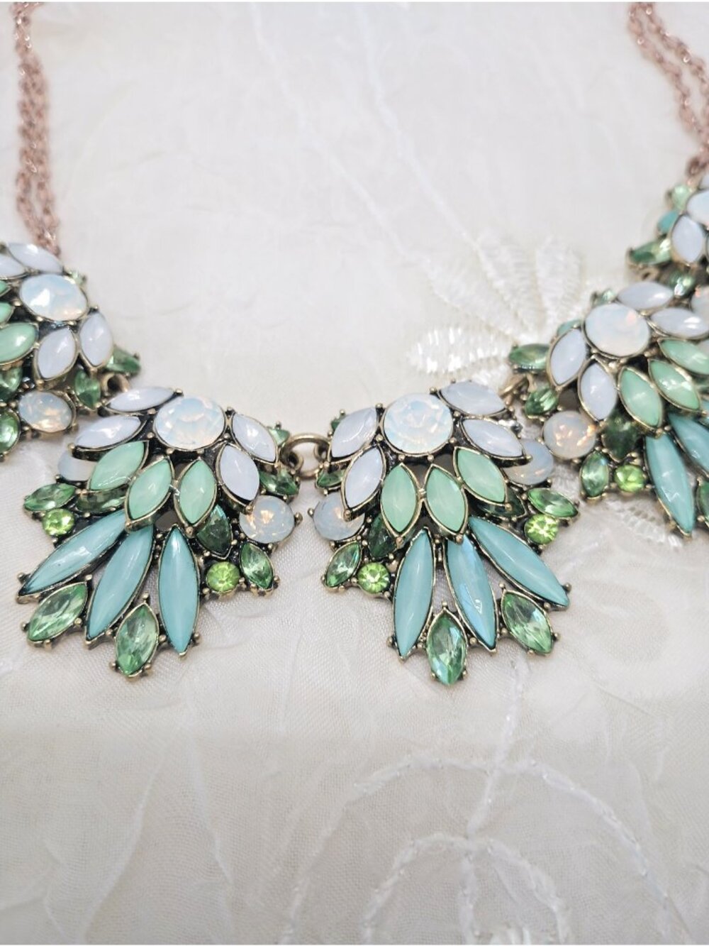 Light Blue Green Bib Faceted Rhinestone Statement Necklace- Rose Gold Tone ~ 18" - Picture 2 of 5